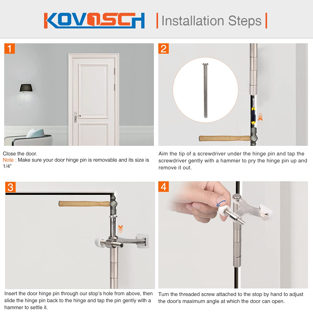 KOVOSCH 2 Pack Hinge Pin Door Stopper Brushed Satin Nickel - Adjustable Heavy Duty Hinge Pin Door Stop with White Rubber Bumper Tips