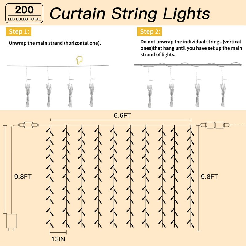 Soagrc 200 LED Curtain String Lights 9.8 * 6.6FT Plug in Fairy with Timer and 8 Modes, Waterproof Window Wall for Bedroom Wedding Party Indoor Outdoor Christmas Decor