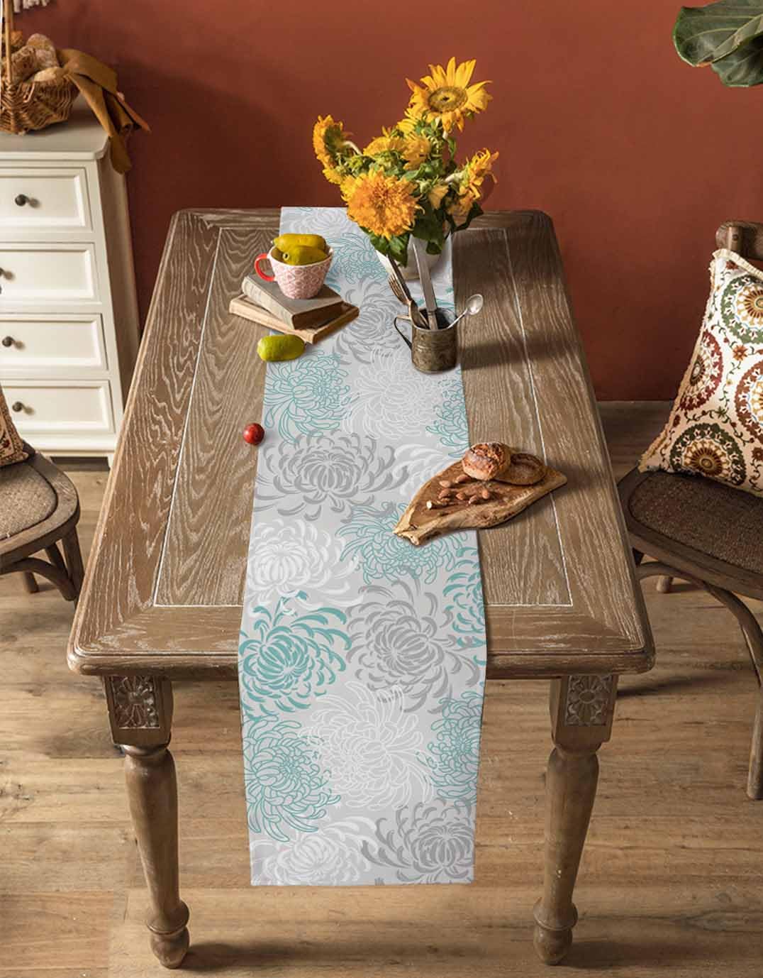 PIEPLE Aqua Chrysanthemum Flowers Table Runner-Cotton Linen-Long 13x108inches Dresser Scarves,Floral Grey Tablerunner for Kitchen Coffee/Dining/End Table Bedroom Living Room,Scarf Decor for Holiday