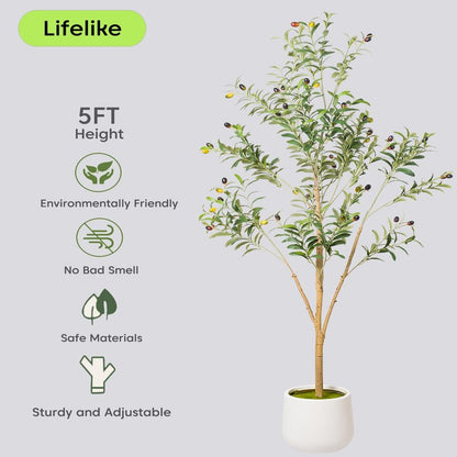 Artizone Artificial Olive Tree with White Pot - Faux Olive Tree for Home Decor, Tall Artificial Plants Indoor, Realistic Trunks Foliage Fruit, Office Decor (5FT)