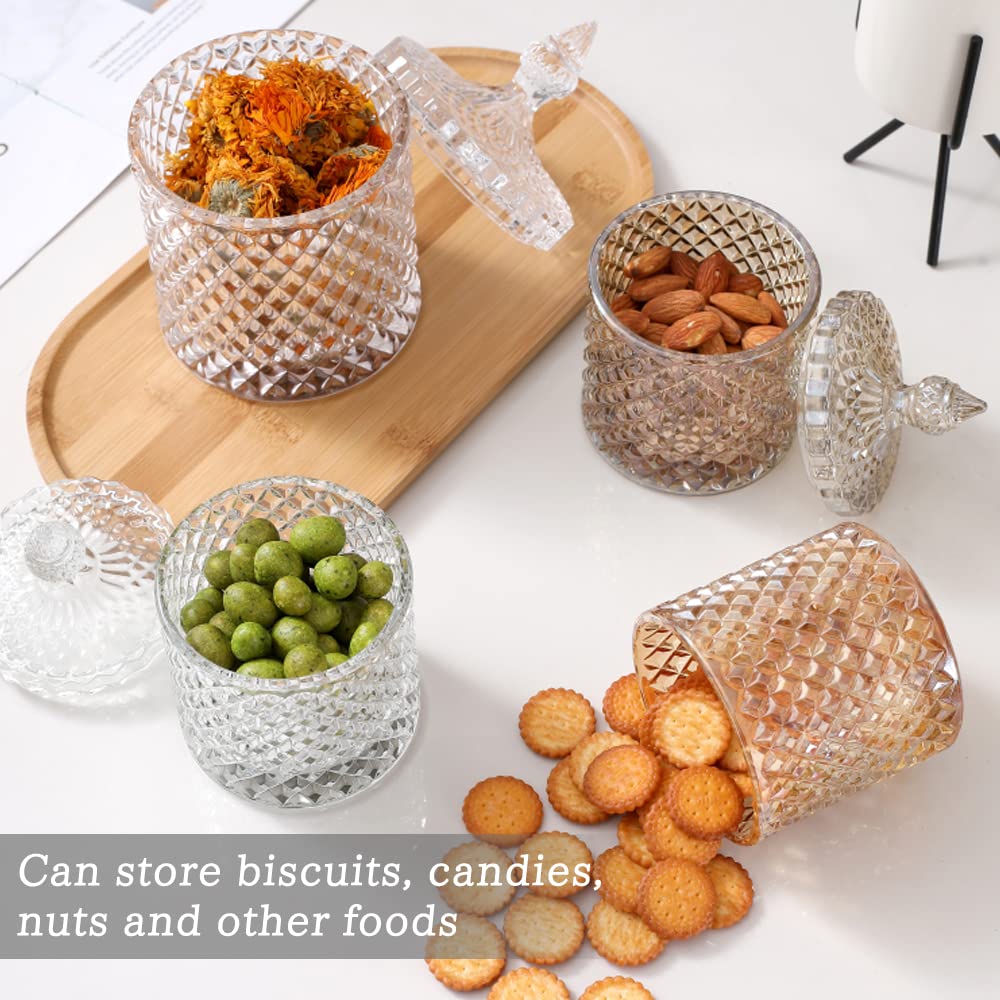 FHDUSRYO 2Pcs Crystal Jar with Lid, Glass Sugar Bowl Decorative Candy Jars, Diamond Candy Dish, Crystal Cookie Tin Biscuit Barrel, Buffet Container, Qtip Holder for Home (10+24oz, Clear)