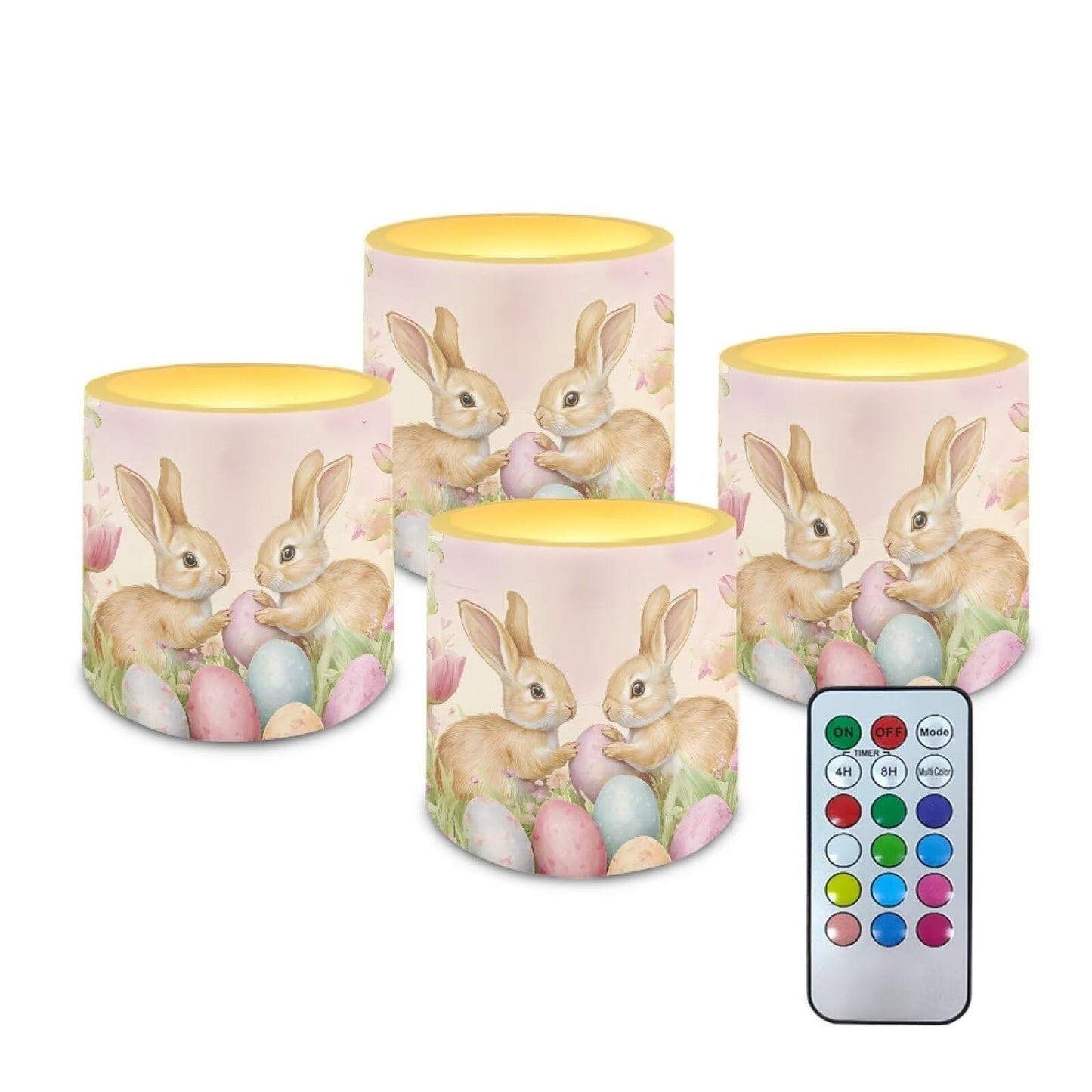 Merkmak Pack of 4 Easter Day Flameless Candles with Remote Battery Operated Candles with Timer Flickering LED Elictric Pillar Tealights for Party Decorations, Easter Egg Bunny Tulip