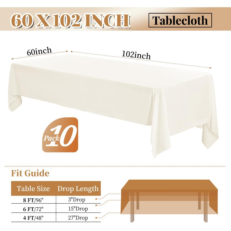 fani 10 Pack 60 x 102 Inch Tablecloth, Ivory Tablecloth for 6 Feet Rectangle Tables, Stain and Wrinkle Resistant Washable Fabric Table Cloth for Wedding Party Dining Table Buffet Parties Camping