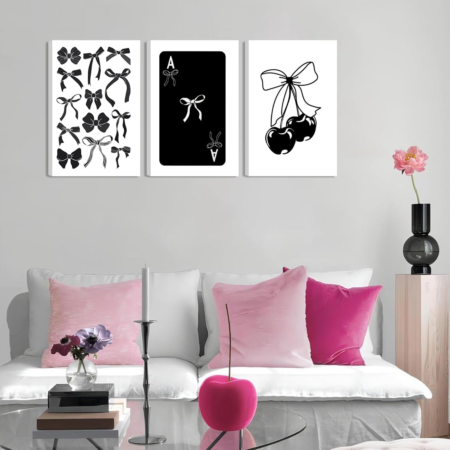 Kyiyhzp 3Pcs Fashion Black White Bow Canvas Wall Art Funky Aesthetic Cherry Poker Picture Painting Trendy Preppy Aesthetic Wall Decor Artwork for Girl Room Dorm Apartment Bedroom Decorations 16x24in
