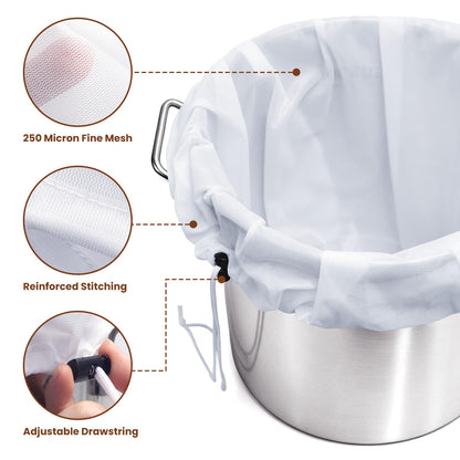 MONKKINO 4pcs Brew Bags, Extra Large 250 Micro Fine Mesh Strainer Bag, Reusable Drawstring 10 Gallon Filter Bag for Home Brewing, Kitchen Straining for Beer, Wine, Cold Brew, Jelly, 22x26