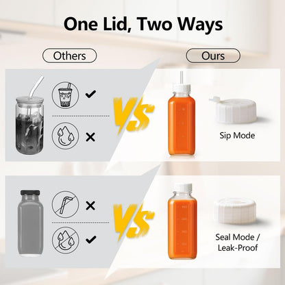Ruckae 16oz 8 Pack Glass Juice Bottles with Hole Lids - Reusable Square Glass Juice Bottles with Leak-Proof Lid & Capacity Marks for Containers Juicing,Milk,Smoothies