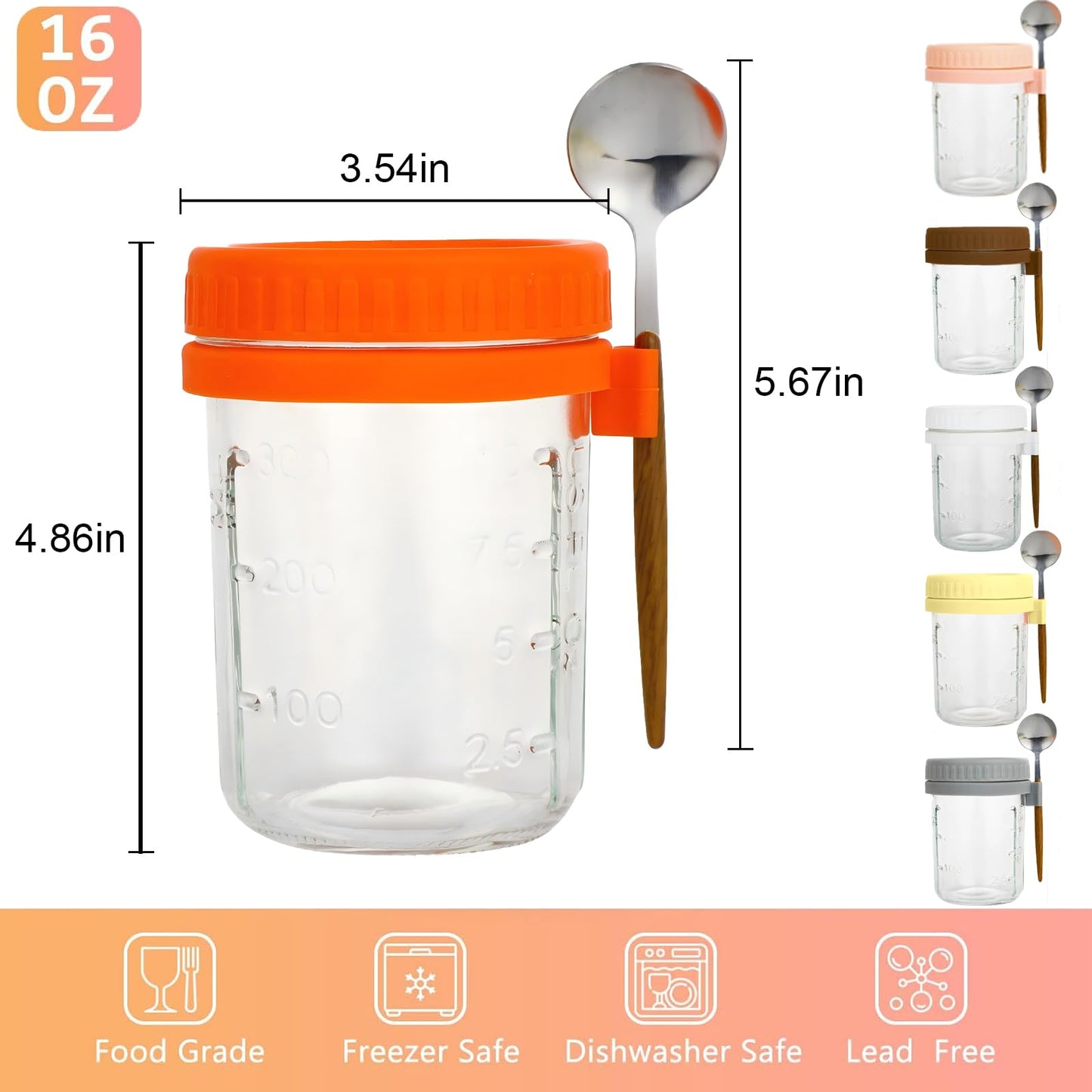 6-Pack overnight oats container, with Lids and Spoons 16 Oz Glass Mason Jars for, Large Capacity Leak Proof overnight oats jars，for Cereals, Fruits, Vegetables, Milk Salads, Yogurt.