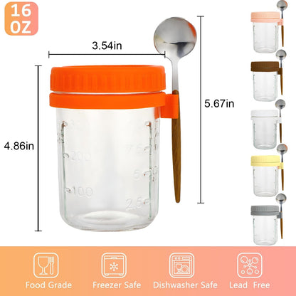 6-Pack overnight oats container, with Lids and Spoons 16 Oz Glass Mason Jars for, Large Capacity Leak Proof overnight oats jars，for Cereals, Fruits, Vegetables, Milk Salads, Yogurt.