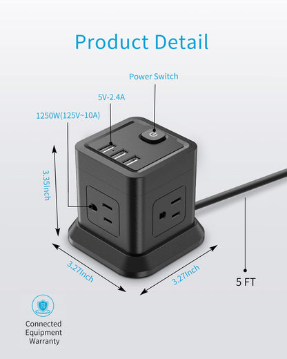 Power Strip with USB, FDTEK Flat Plug Extension Cord with 4 AC and 3 USB, 5 FT Power Cord Desktop Charging Station, Overload Protection, Compact Portable for Travel Home Office Cruise Ship - Black