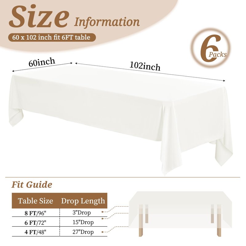 6 Pack Tablecloth 60 x102 inch Polyester Table Cloth for 6 Foot Rectangle Tables,Stain and Wrinkle Resistant Washable Fabric Table Covers Polyester Ivory Table Clothes for Wedding,Party,Banquet
