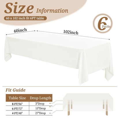 6 Pack Tablecloth 60 x102 inch Polyester Table Cloth for 6 Foot Rectangle Tables,Stain and Wrinkle Resistant Washable Fabric Table Covers Polyester Ivory Table Clothes for Wedding,Party,Banquet