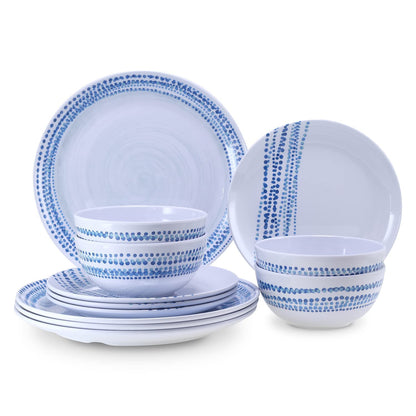 Melamine Dinnerware Sets, 12Pcs Plates and Bowls Sets Dinnerware Sets for 4, Unbreakable Dish Set for Indoor and Outdoor Use, Dishwasher Safe Raindrops Design