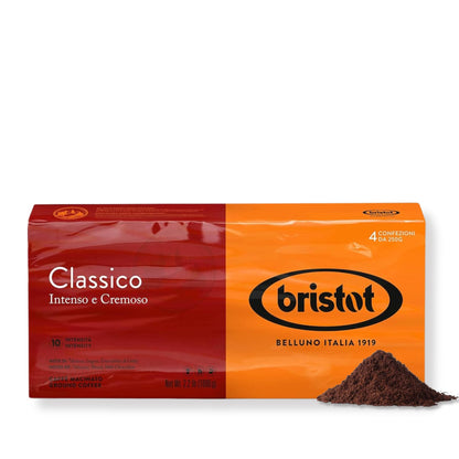 Bristot Classico Italian Breakfast Ground Espresso – Medium Roast Coffee – Intense & Creamy Flavor – 4-Pack (250g Each, 2.2lb Total) – For Moka, French Press & Pour Over – Roasted in Italy