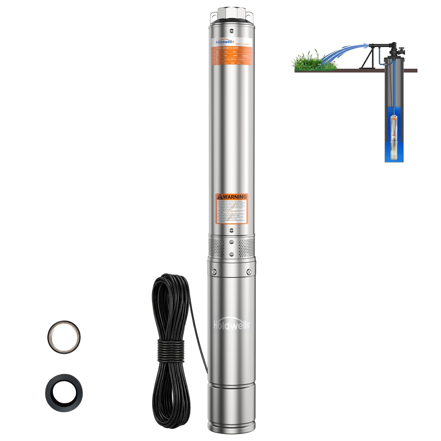 Holdwell S 2HP Deep Well Submersible Pump 230V/60Hz, 4 Inch Stainless Steel Water Pump with 33ft Cord, 37GPM Flow 427ft Head, IP68 Waterproof Built-in Controller for Industrial, Irrigation, Home Use