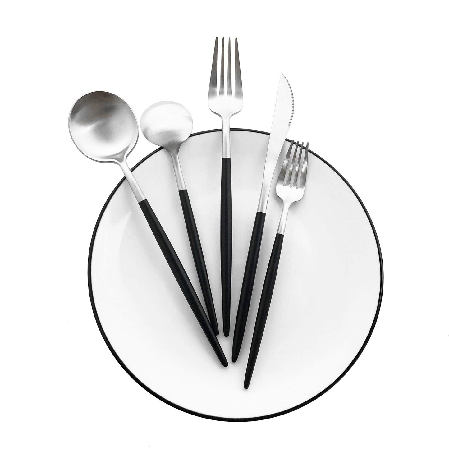 Uniturcky Matte Silverware Set, 10-Piece 18/10 Stainless Steel Satin Finish Flatware Set Service for 2, Kitchen Utensil Set, Tableware Cutlery Set for Home Restaurant (Black Handle Silver, 10-Piece)