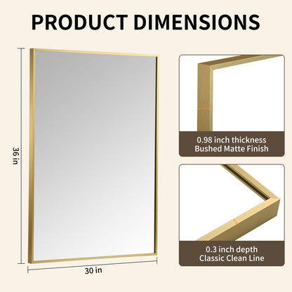 CLBA Brushed Gold Mirror, 30x36 Inch Aluminum Framed Square Corner Wall Mirror for Over Sink, Vanity, Horizontal/Vertical