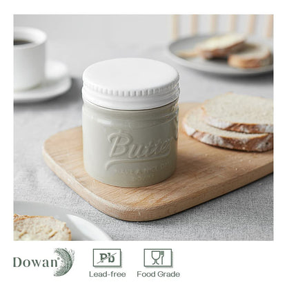 DOWAN Butter Dish, French Butter Crock With Lid for Spreadable Soft Butter, Porcelain Butter Keeper With Waterline for Counter, Embossed Butter Container Home Gift Kitchen Decor, Beige