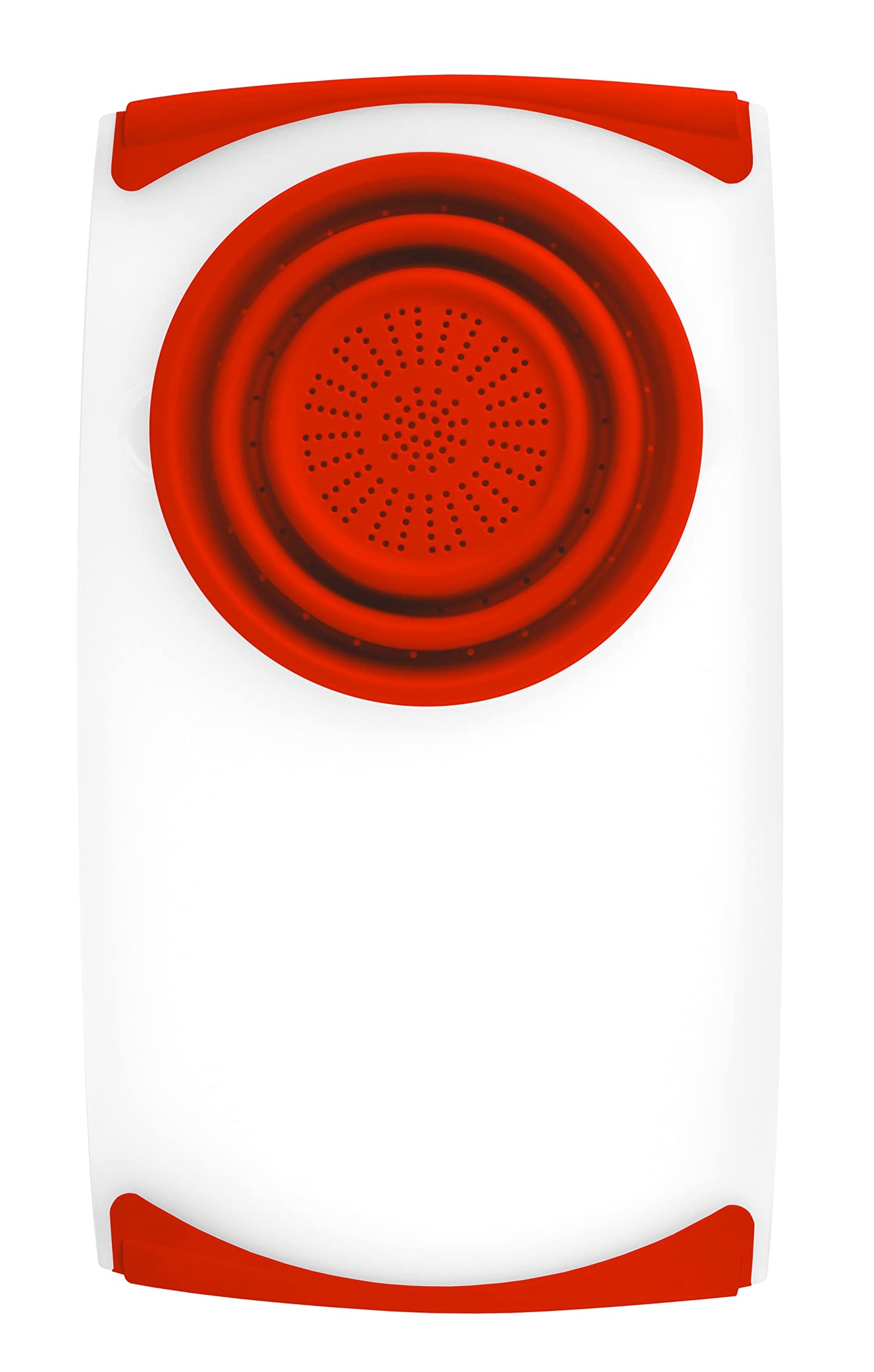 Dexas Over the Sink Poly Cutting Board with Collapsible Colander Strainer, 11.5 x 20",Natural/Red