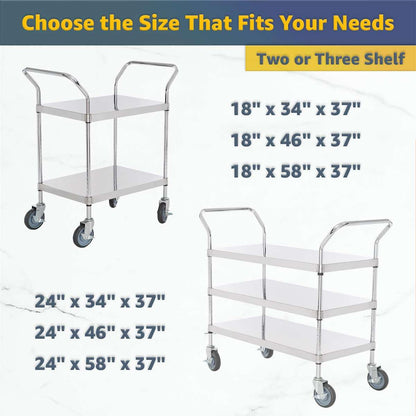 18" x 58" x 37" Stainless Steel Two Shelf Utility Cart - Commercial Heavy-Duty NSF Service Cart with Handles, Storage Rolling Shelving for Warehouse, Office, Food Service