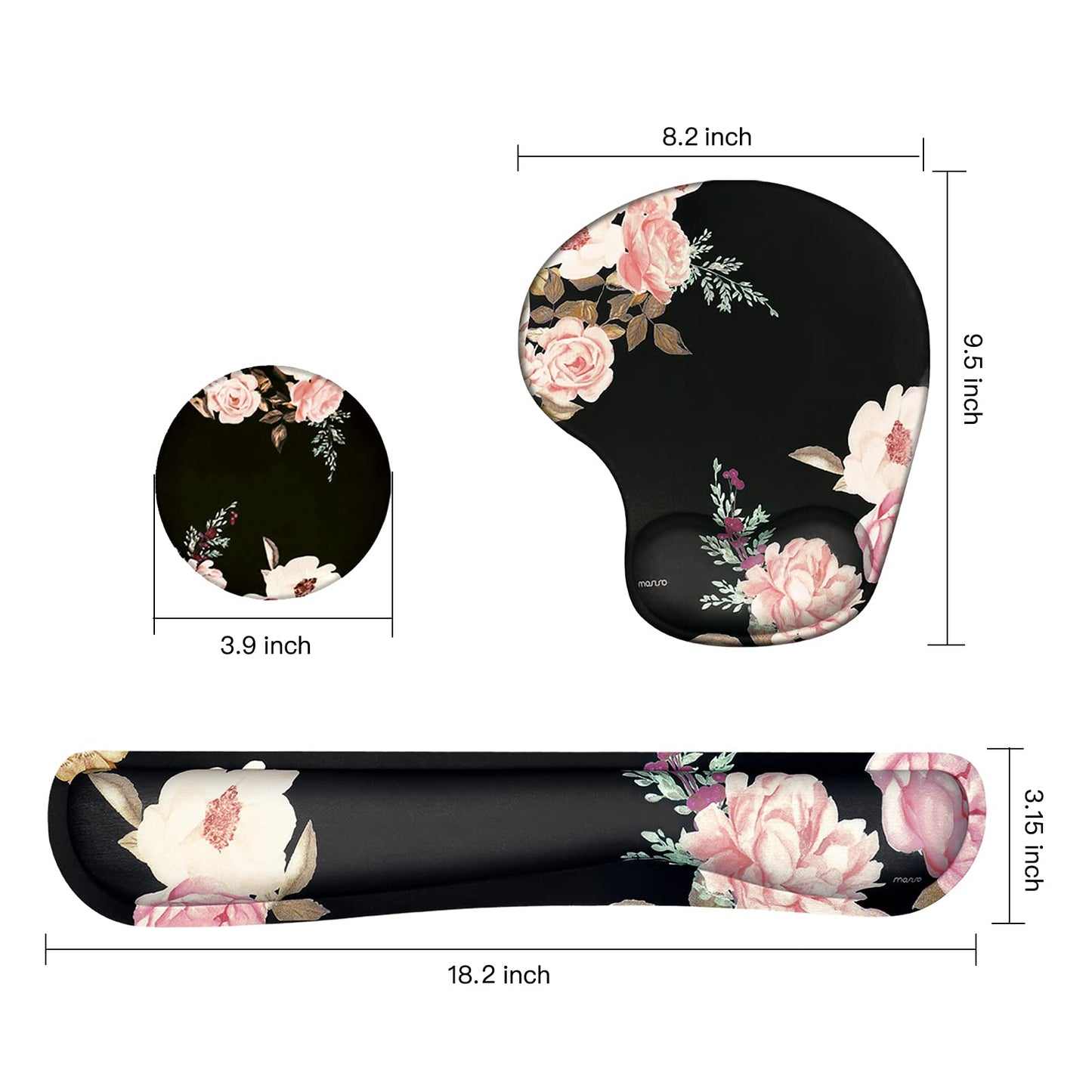 MOSISO Wrist Rest Support for Mouse Pad&Keyboard Set, Curved Peony Ergonomic Mousepad&Coaster Non-Slip Base Home/Office Pain Relief&Easy Typing Cushion with Neoprene Cloth&Raised Memory Foam, Black