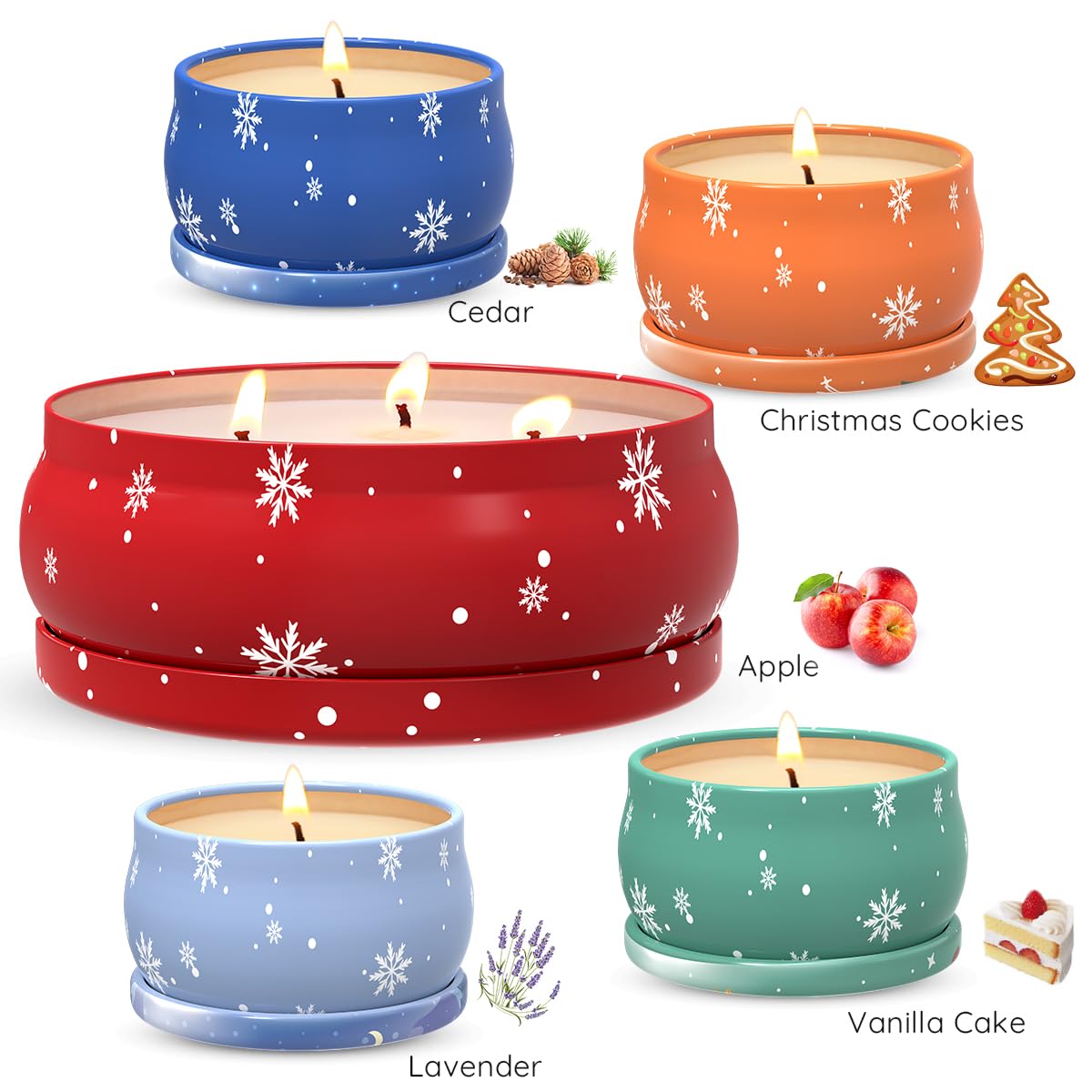 Set of 5 Christmas Themed Scented Candles Gift Set for Women, Natural Soy Wax Aromatherapy Candles for Home Decor - Lavender, Cookie, Vanilla&Cake, Apple and Cedar Fragrance