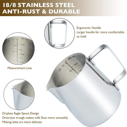CAMKYDE Stainless Steel Milk Frothing Pitcher 12 oz, Espresso Steaming Pitcher with Decorating Pen for Espresso Machines, Cappuccino, Latte Art (Silver)