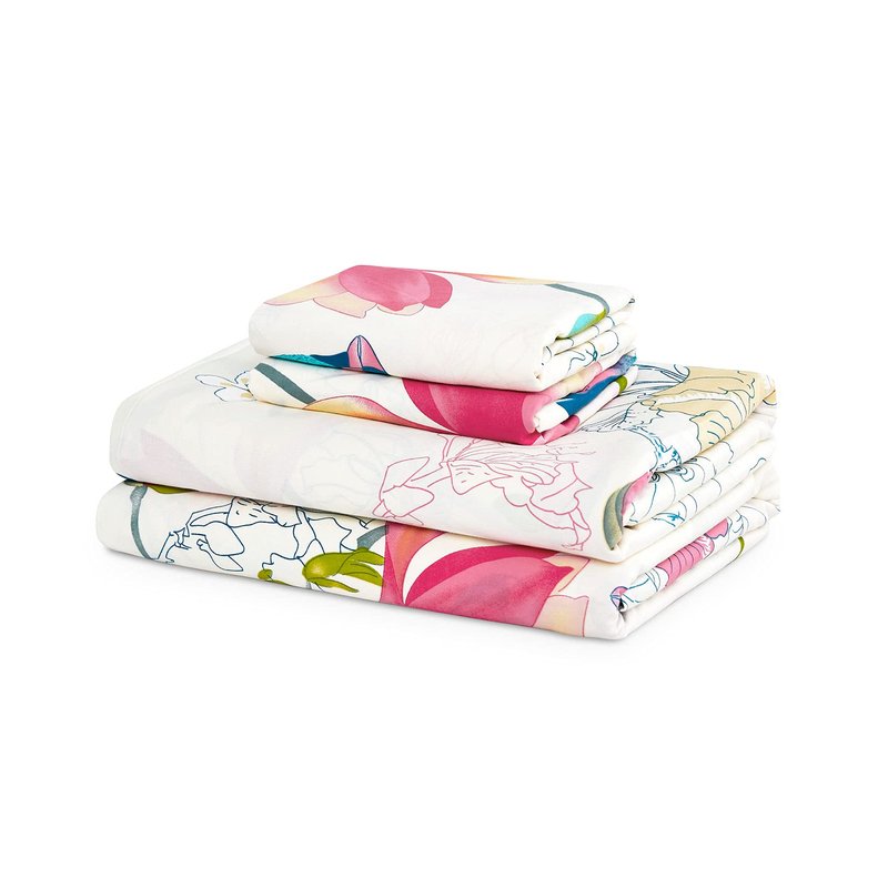 Wake In Cloud - Floral Bed Sheets, 100% Cotton, 4-Piece Sheet Set, Bird Patterned Printed Botanical Boho Flower Aesthetic Bedding, Deep Pocket, Pink Beige, King Size