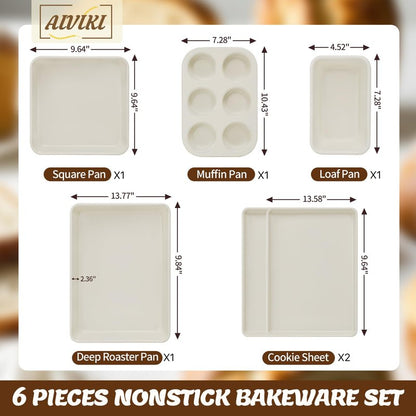 Baking Pans Set, Nonstick Bakeware Sets, Oven Pans for Cooking, AIVIKI 6 Pieces Baking Set Including Cookie Sheet, Deep Roaster Pan, Square Pan, Loaf Pan, Muffin Pan, Carbon Steel Baking Set