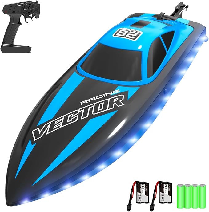 VOLANTEXRC RC Boat 20MPH Fast Remote Control Boat with Lights 2.4Ghz Toy Boat for Pools and Lakes with 2 Rechargeable Batteries Toys Gifts for Adults Blue