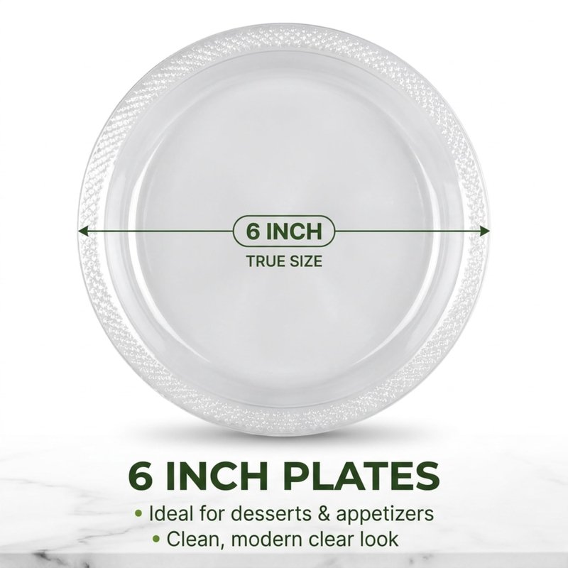 DEEZPOZ 6 Inch Clear Plastic Plates 100 Bulk Pack - Disposable Cake Plates for Dessert & Appetizers, BBQ, Party, Travel and Events,Recyclable (pack of 100 clear)