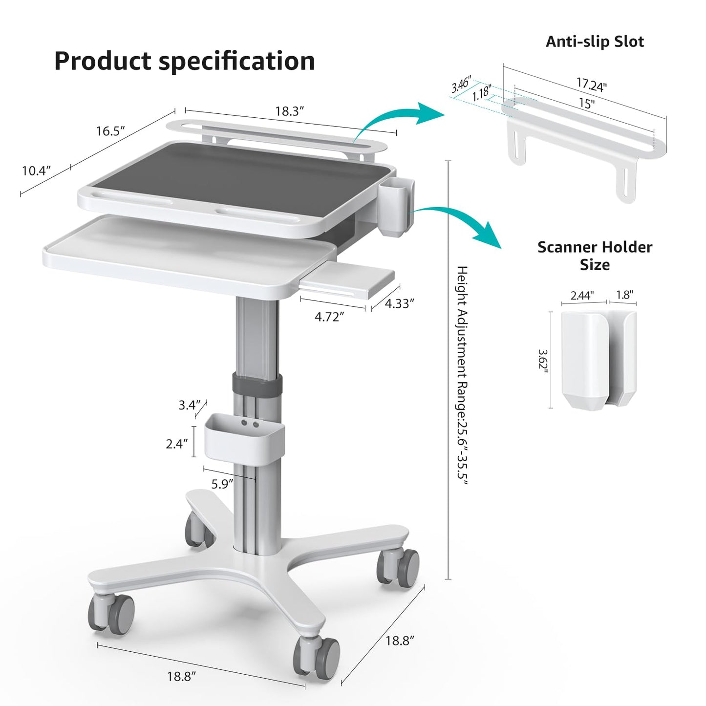 BEWISER Medical Cart Mobile Trolley Height Adjustable Easy Installation Pallet Cart with Oral Scanner Holder Laptop Workstation