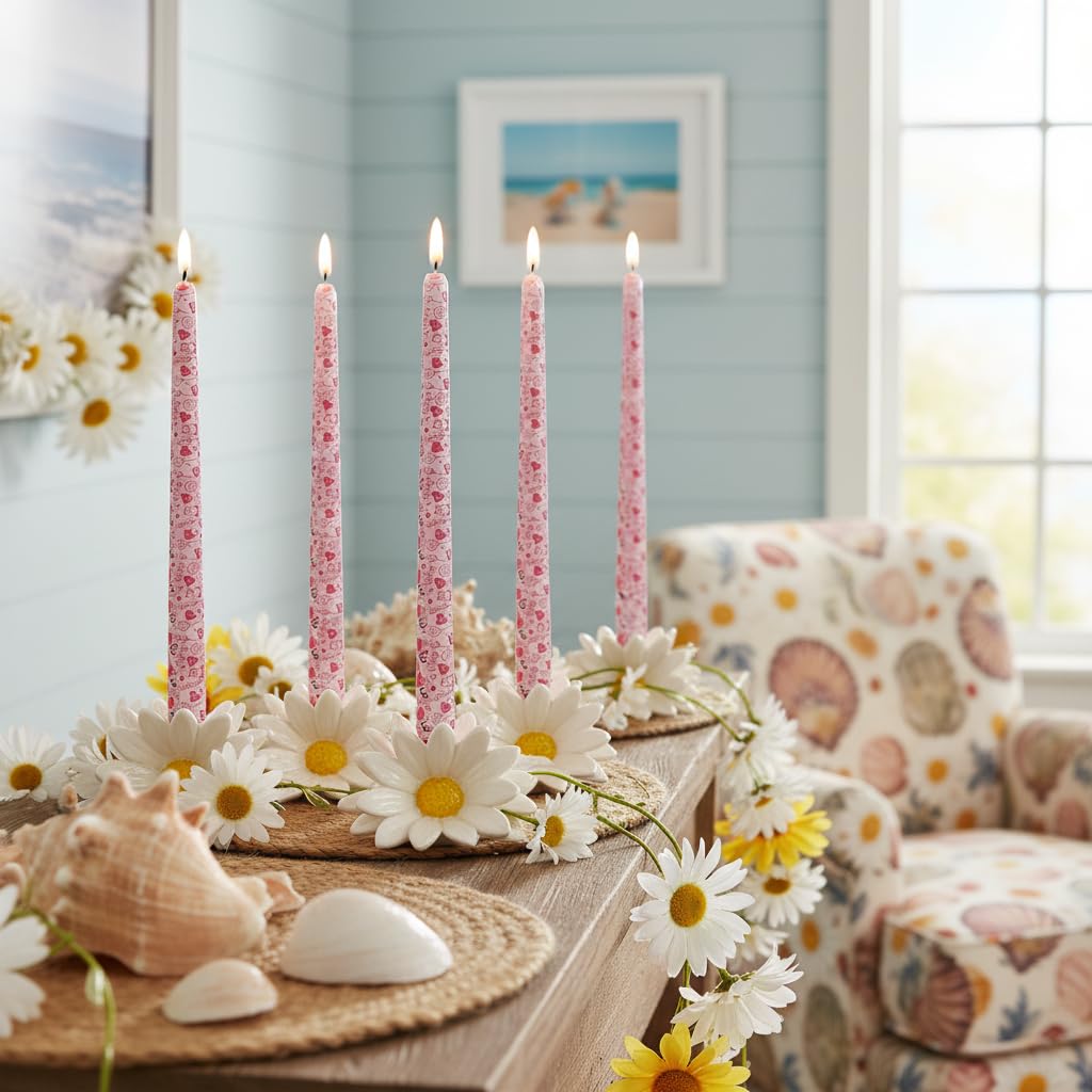 10 Inch Printed Candle Love Pattern Smokeless Unscented Candle Sticks Suitable for Anniversary Express Love Evening Wedding, Bohemian Seaside Theme Home Decor, 4 Pack