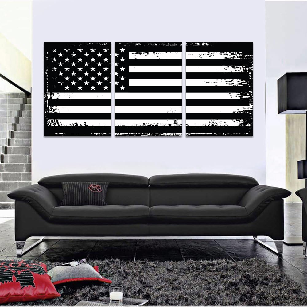 Black and White Wall Art American Flag Artwork 3 Panels Patriotic Retro USA Flag Pictures Canvas Prints Art Living Room Home Office Decor Framed Ready to Hang -20"W x 28"H x 3pcs