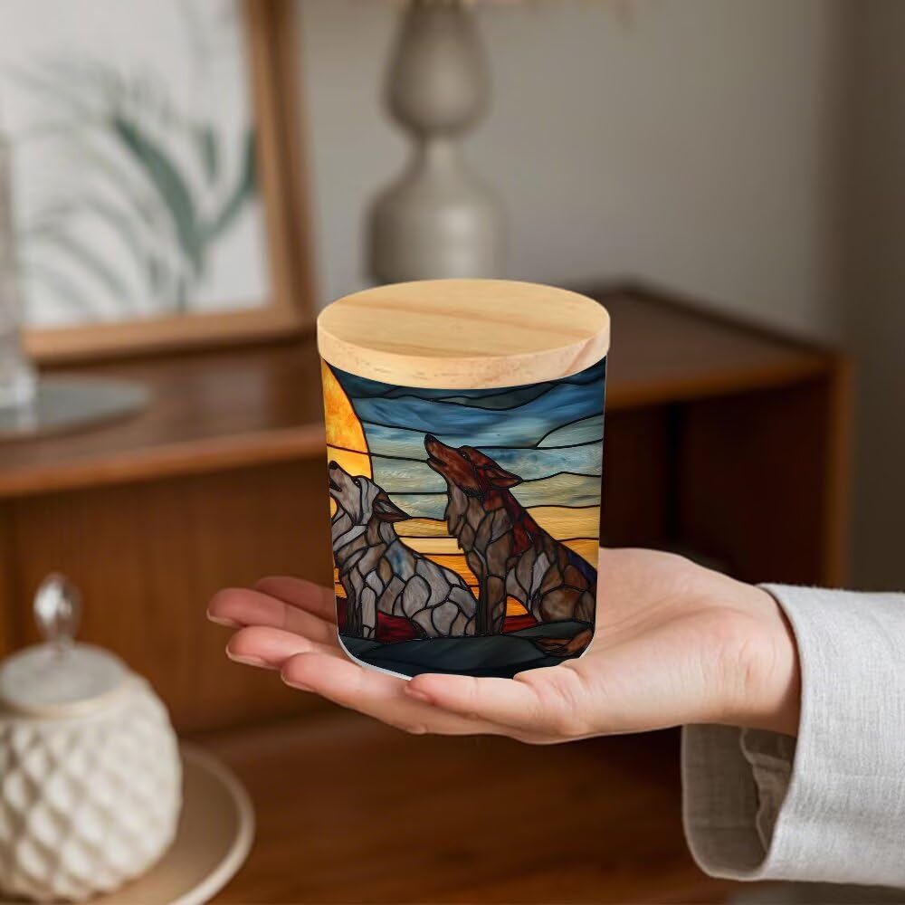 Stained Glass Wolf Howling at The Moon Tea Light Candle Holders, Tealight Candle Holder Jar with Wooden Lid, Votive Candlesticks for Table Centerpieces, Christmas,Birthday Party,Home Decor