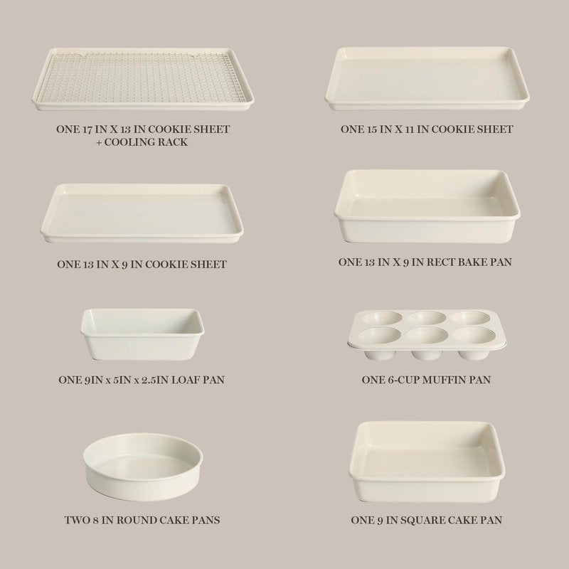 Martha Stewart Gallen 10 Piece Baking Pans Ceramic PFA Free Non Toxic Non Stick Bakeware Set - Linen White