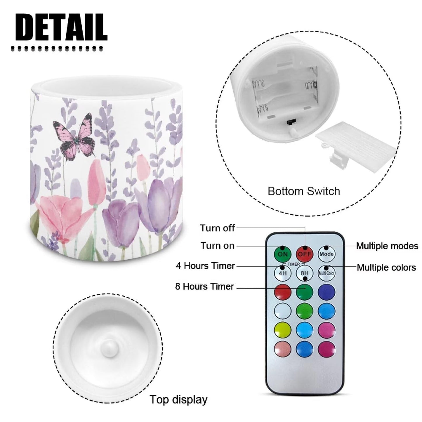 NETILGEN Tulips Flolwer Butterfly 4 Packs Decorative Flameless Candles 3 inch LED Pillar Candles with Remote Timer Control Battery Operated Color Changing Candles