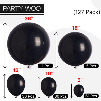 PartyWoo Black Balloons - 127-Piece Matte Latex Balloon Arch Kit for Graduation, Halloween & Birthday Decor | Various Sizes 5-18 Inch