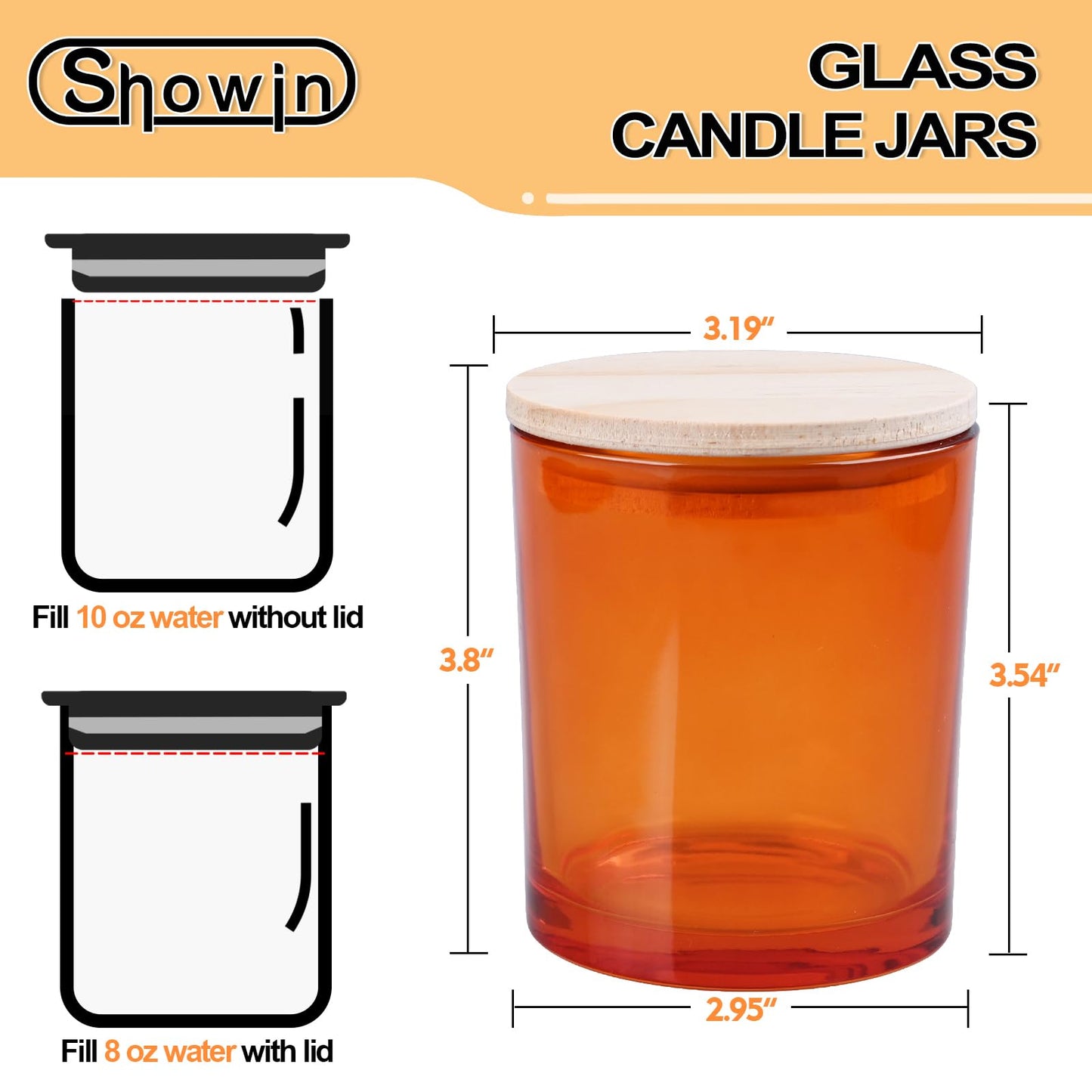 SHOWIN 10 OZ Thick Candle Jars for Making Candles 15 Pcs, Empty Jars with Wood Lids for Candle Making, Sample Container, Clear Orange