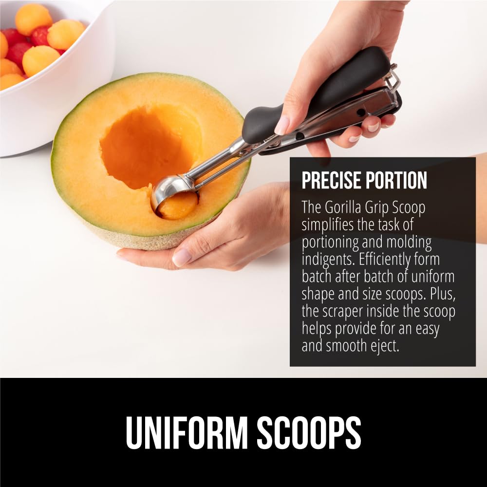 GORILLA GRIP Stainless Steel Cookie Scoop for Baking, 2 TBSP, Multipurpose Melon Baller, Meatball Spring Scoops, Perfect Portion Sizes, Easy Food Release, Scooper Size 40, BPA-Free Kitchen Tool, Black