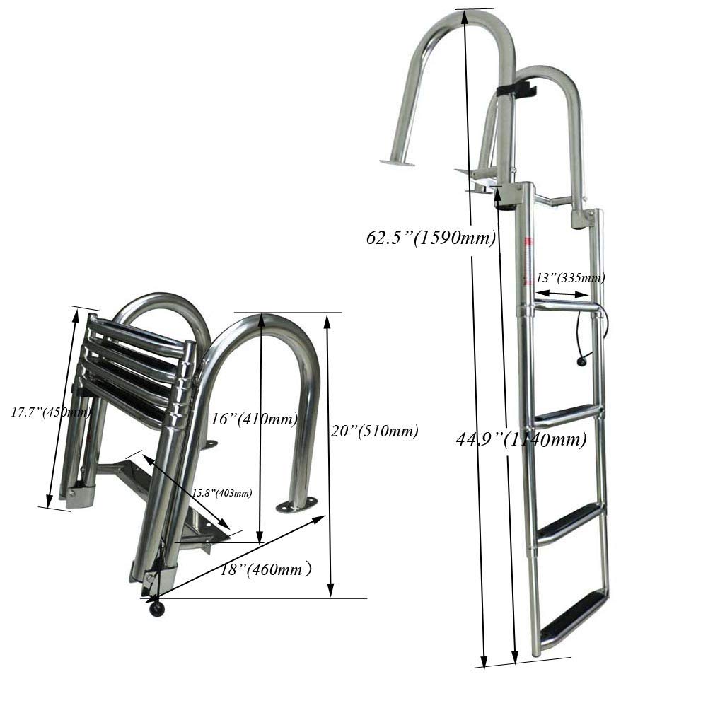 Stainless Steel in-Board 4-Steps Ladder Welded Reinforce Folding Docking Ladder, Folding Telescoping Rear Entry Inboard Ladder