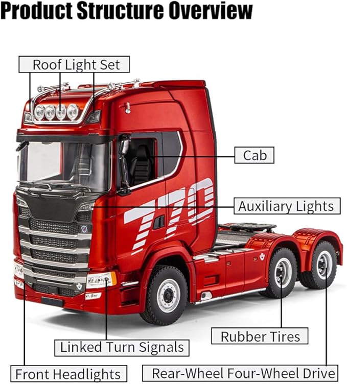 770S 1/18 RC Semi Trailer 6x4 Heavy Duty Tractor Truck with Rear Wheel Drive Adult Collectible Model (Red)