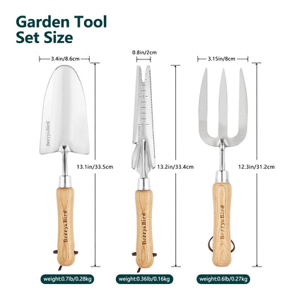 Berry&Bird Gardening Hand Tool Set - 3PCS Stainless Steel Garden Tool Kit Multifunctional Tool with Wooden Handle Trowel, Fork & Weeder for Weeding Planting Transplant, Ideal Garden Gift for Women&Men