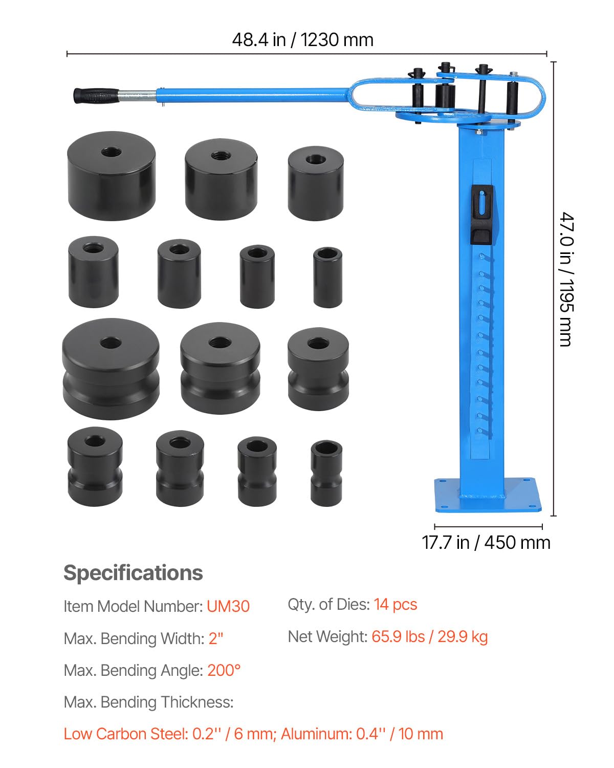VEVOR Manual Bending Machine, Pipe Tube Bender with 14 Bending Dies, 200° Heavy-Duty Tube Bending Tool for Copper Aluminum Iron Pipes, Ideal for HVAC Air Conditioning Refrigerator Auto Repair