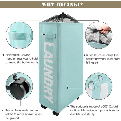 TOTANKI 25" Rolling Slim Laundry Basket on Wheels, Foldable Laundry Hamper with Handle, Collapsible Laundry Sorter and Organizer, Tall Storage Basket Bin (Light Blue)