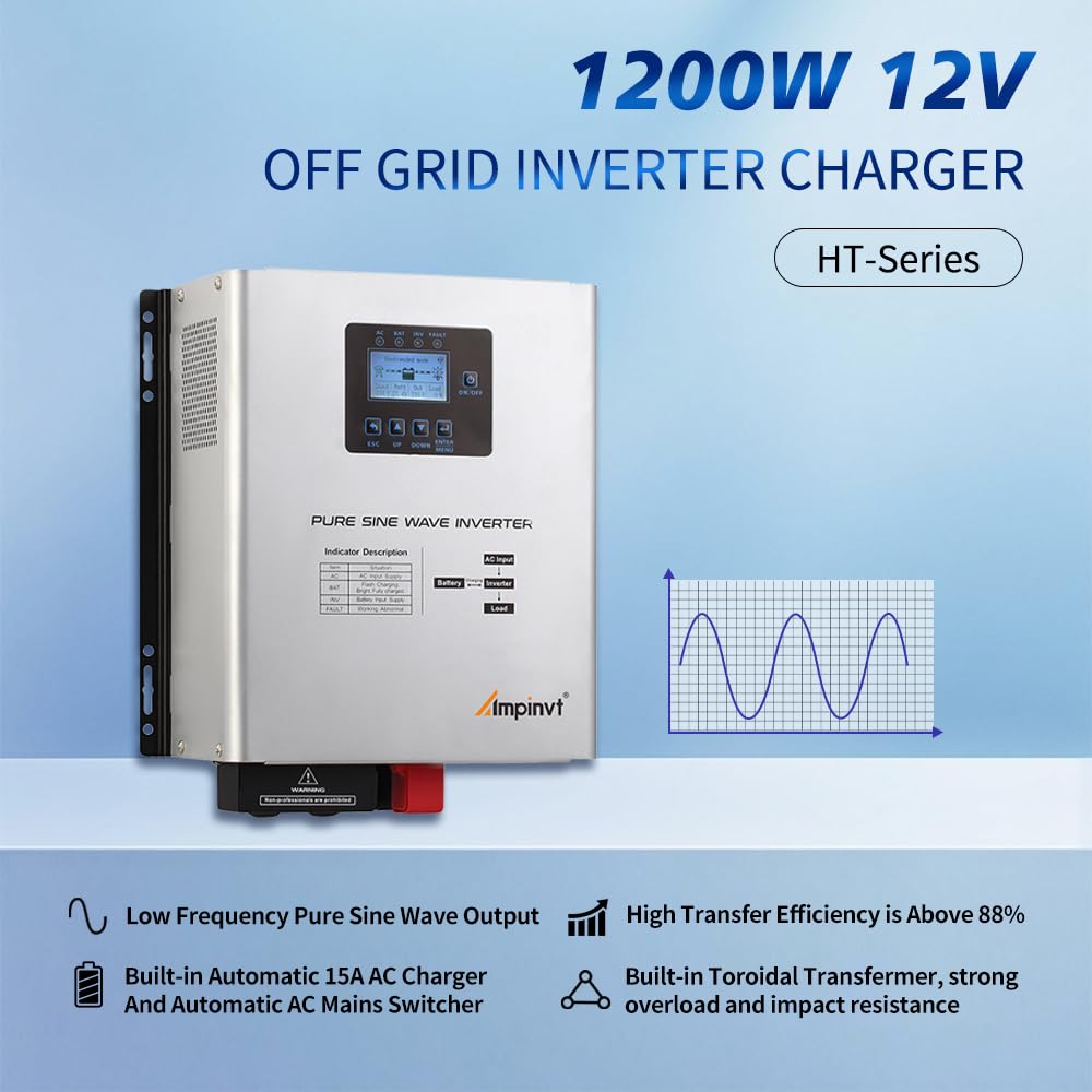 Ampinvt 1200W Pure Sine Wave Inverter with AC Charger, DC 12V to AC 120V Output,UPS Backup Power Low Frequency Inverter for Lithium, Sealed,AGM, Gel,and Flooded Batteries