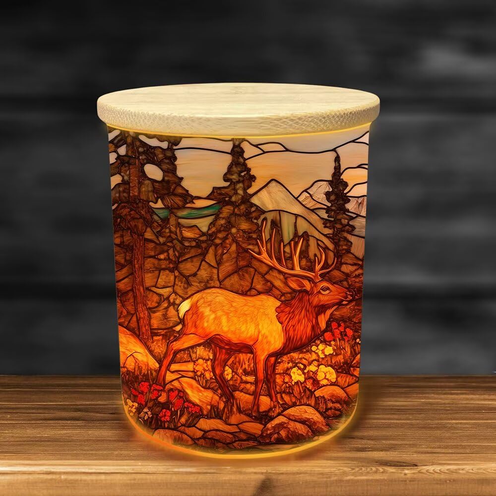 Stained Glass Elks Tea Light Candle Holders, Deer Tealight Candle Holder Jar with Wooden Lid, Pine Tree Votive Candlesticks for Table Centerpieces, Christmas,Birthday Party,Home Decor