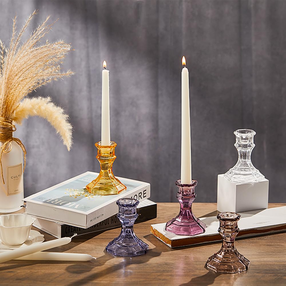 ELIVIA (6 Pack) Red Glass Candlestick Holders, Taper Candle Stick Holders Set for Wedding & Home Decor - CH06 - Aubergine Purple