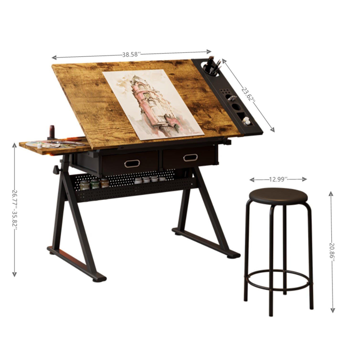Garvee Height Adjustable Drafting Table, 0-75°Tilting Drawing Desk Artist Table w/Stool, Multifunctional Art Craft Workstation with 2 Storage Drawers for Home Office Reading, Writing, Crafting