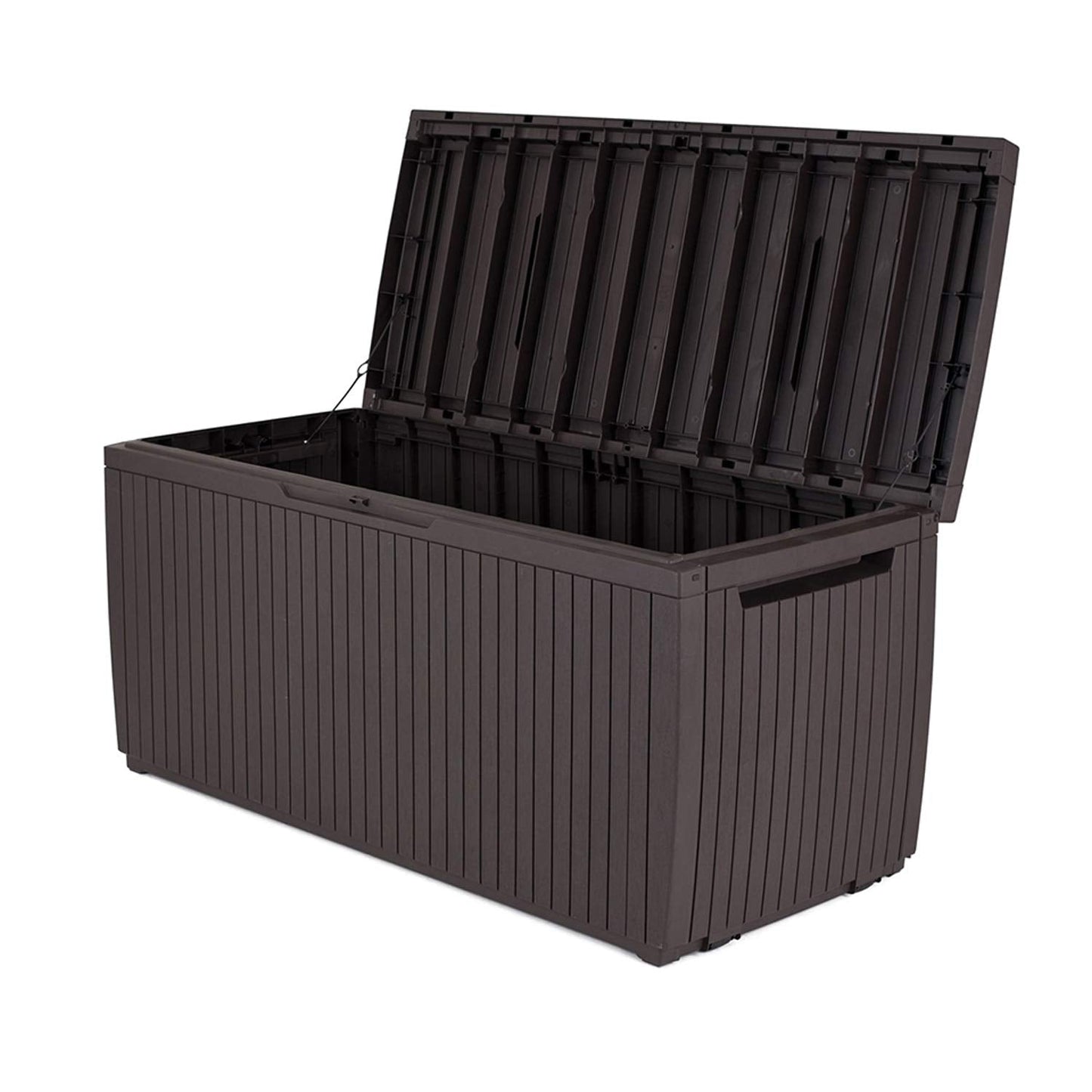 Keter Springwood 80 Gallon Resin Outdoor Storage Box for Patio Furniture Cushions, Pool Toys, and Garden Tools with Handles, Brown