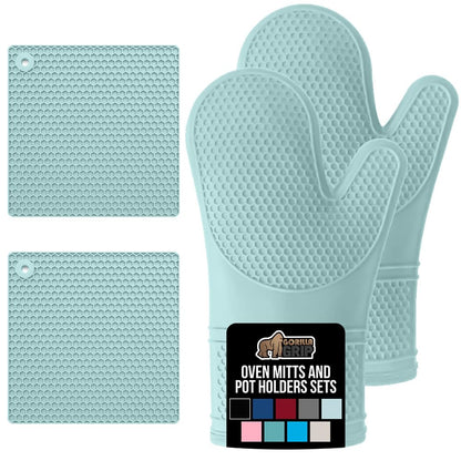 GORILLA GRIP BPA-Free Soft Silicone Oven Mitts and Pot Holders Sets, Heat Resistant Waterproof Cooking Gloves, Thick Cotton Lining, Flexible Gripping for Baking Grilling, Kitchen Trivets, Turquoise